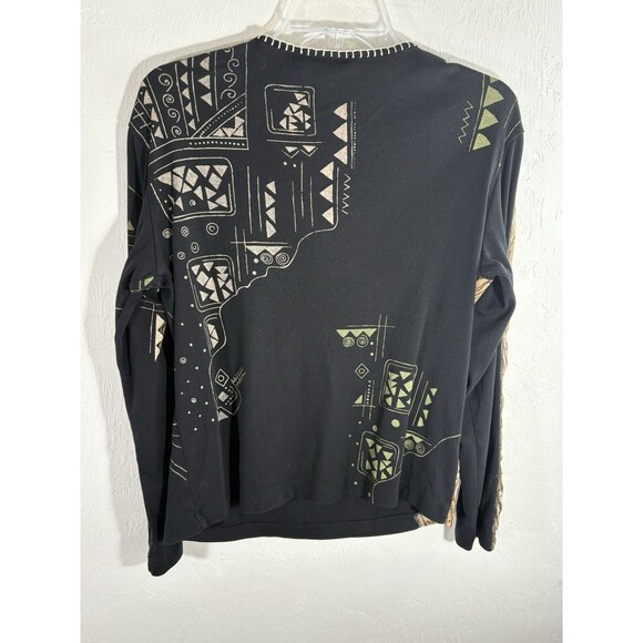 Chico's Black Tribal Geo Khaki Print Sz 1 Medium Women’s V- neck Cotton Blouse - Picture 5 of 7